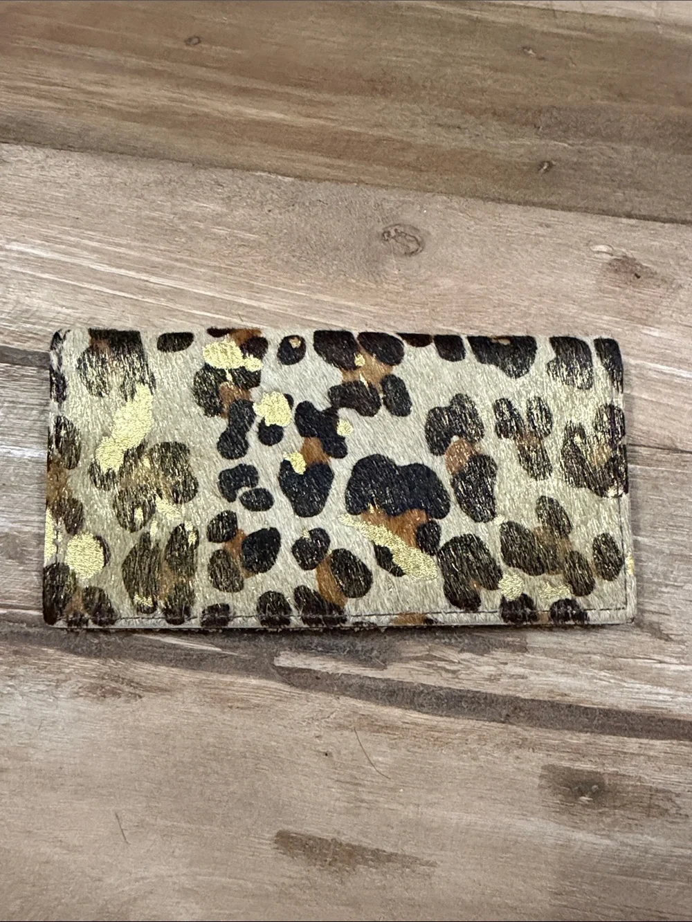 Keep It Gypsy Brand Upcycled  Leopard Print Continental Wallet in Gold and Brown